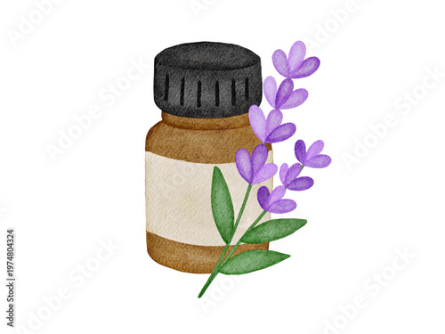 Watercolor Illustration of Lavender Essential Oil Bottle 
