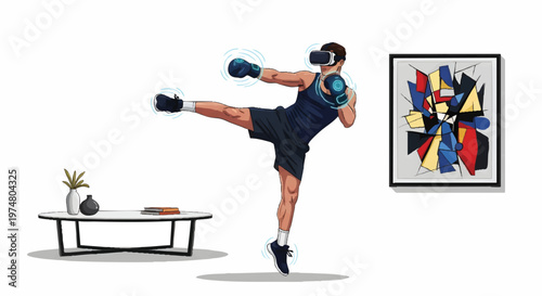 Man wearing boxing gloves kicking in living room with art