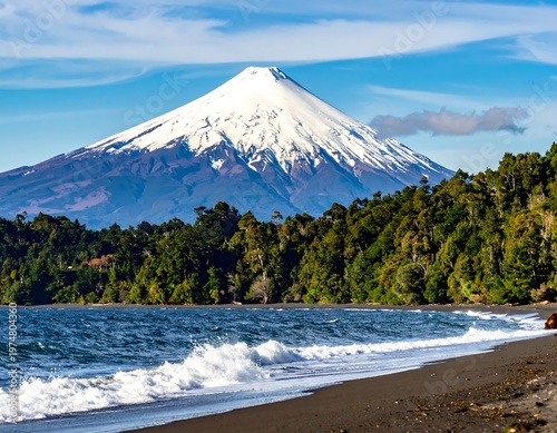 A snow-capped peak rises majestically above a shoreline with forested areas and foamy waves under a brilliant blue sky