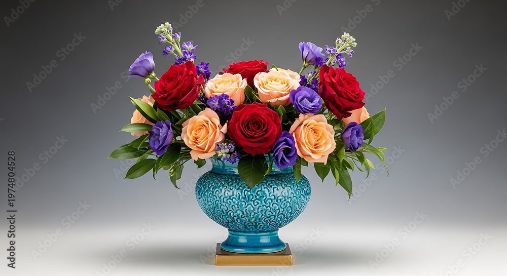Fototapeta premium Elegant floral arrangement of roses and complementary blooms in a decorative turquoise vase