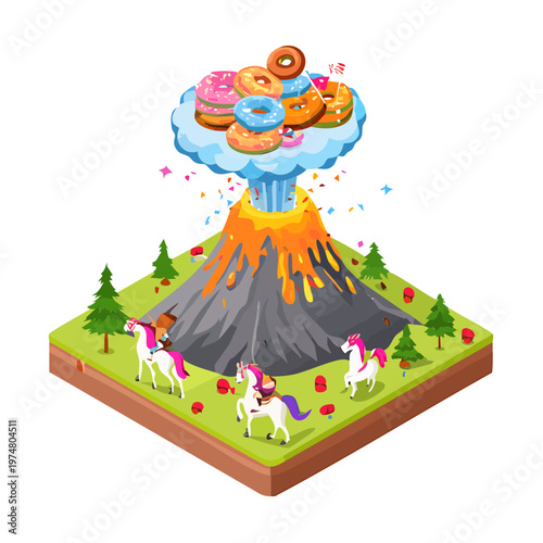 Explosion of donuts erupting from a volcano, with unicorns grazing nearby under a sprinkle-filled sky