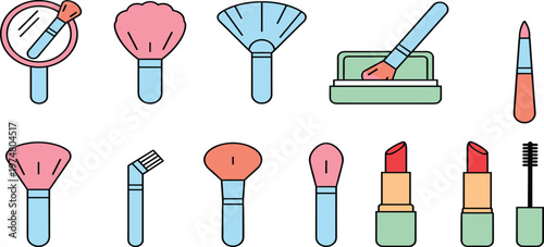 Cosmetic makeup brush set with lipstick and mascara flat vector