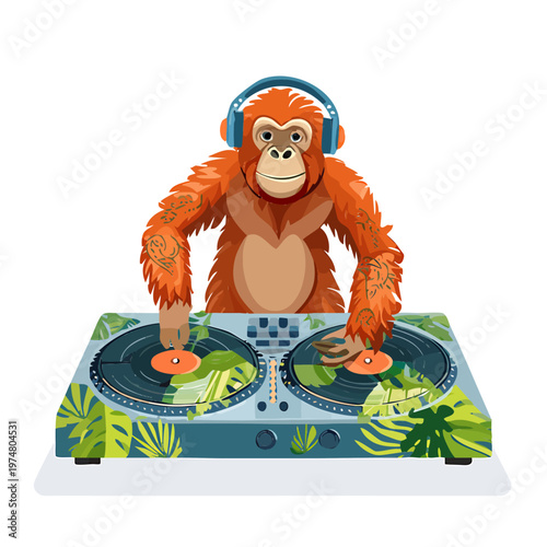 Cute orangutan DJ with headphones and turntables, wearing tribal tattoos, surrounded by tropical leaves, cartoon style