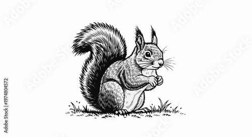 Detailed ink sketch of a squirrel sitting upright in grassy ground, bushy tail raised