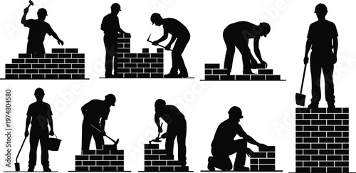 Bricklayer Silhouette Set Showing Professional Construction Workers Building Brick Walls with Tools for Masonry Industry and Manual Labor Building Site