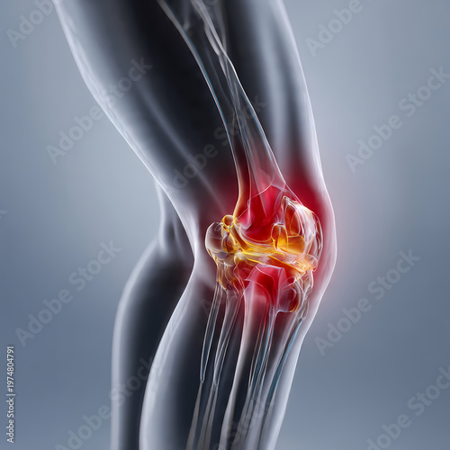 Human knee joint anatomy with inflamed pain highlighted in red