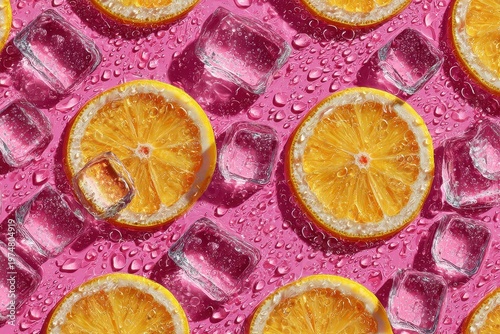 Vibrant seamless pattern of glistening orange slices dusted with sugar crystals and clear ice cubes scattered on a wet bright pink surface with water droplets under studio lighting