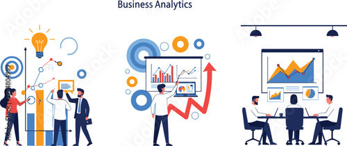 Business analytics concept illustration with teamwork data charts financial growth strategy planning dashboard reporting corporate meeting presentation and performance analysis scene