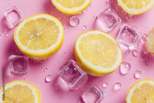 Vibrant Sliced Yellow Lemons and Frosted Ice Cubes Scattered on a Pastel Pink Background with Sparkling Water Droplets Illuminated by Bright Studio Lighting