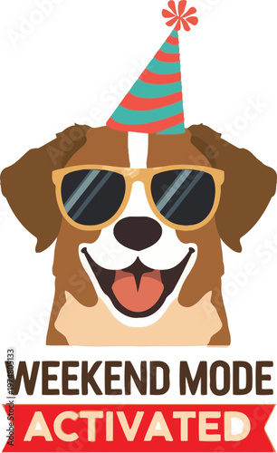 Happy dog with sunglasses and party hat celebrating weekend mode activation
