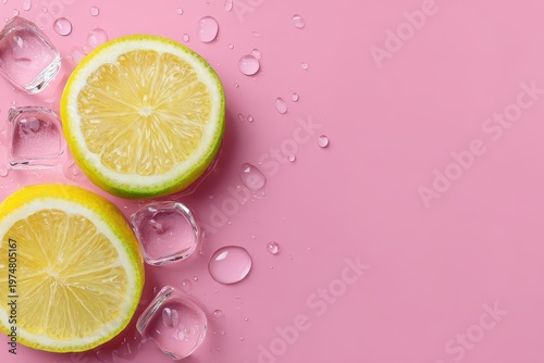 Vibrant Sliced Lemons and Ice Cubes on a Pink Background with Water Droplets Symbolizing Refreshment and Zest