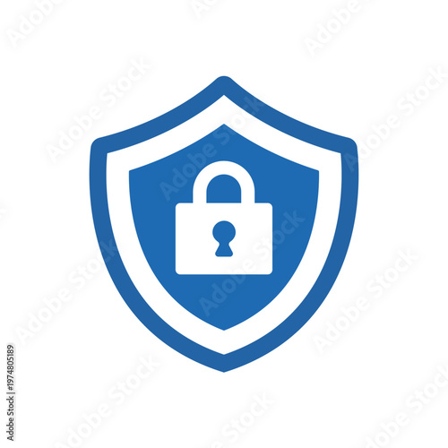 シンプルセキュリティアイコンシリーズ – ロック付き盾 フラット ブルー