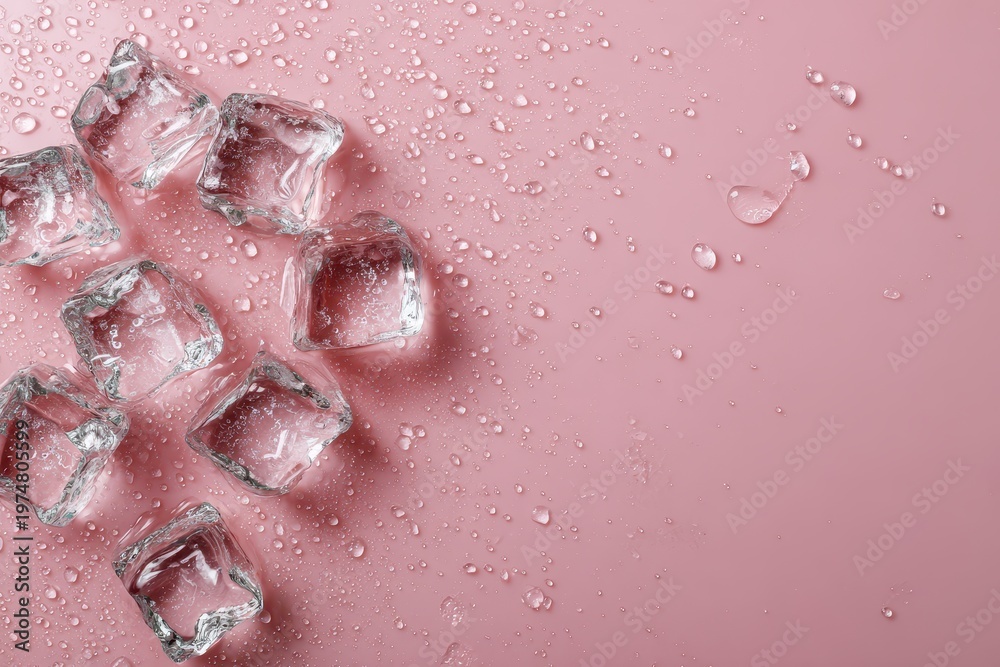 Fototapeta premium Crystallized ice cubes scattered on a soft pink background with sparkling water droplets reflecting light creating a refreshing cool sensation perfect for beverage and summer themes