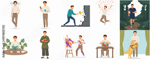 Flat Illustration of Various Man Character Activity in Different Situation Lifestyle