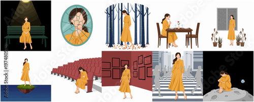 Artistic Digital Illustration of a Woman in Various Solitary Scenarios