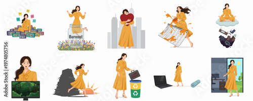 Flat Illustration of Burnout Scenes with Woman in Various Situations