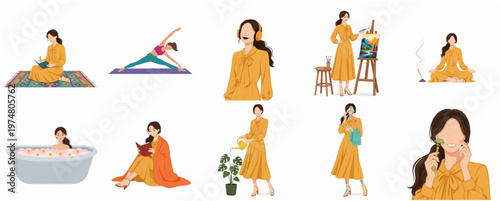 Flat Illustration Woman Daily Activities and Self Care, Isolated Lifestyle Concept