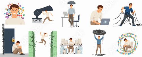 Modern Flat Style Depicting Male Employee Problems at Work and Workplace Stress