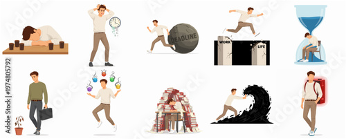 Modern Flat Illustration of Man in Various Stressful Business Situation Collection