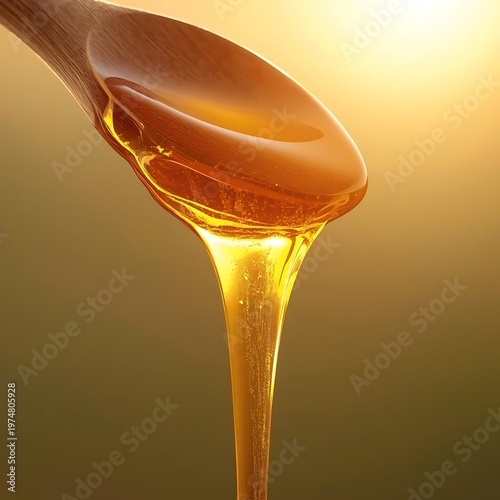 Golden Honey Dripping From Wooden Spoon