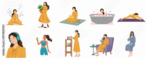Flat Style Illustration of Daily Life Activities of a Young Woman Collection