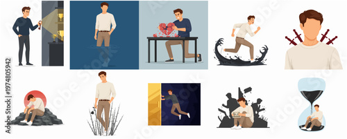 Flat Design Emotional Man Illustration Bundle Depicting Struggle and Self Discovery