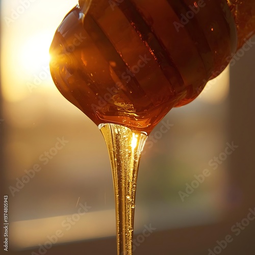 Golden Honey Dripping From Wooden Spoon