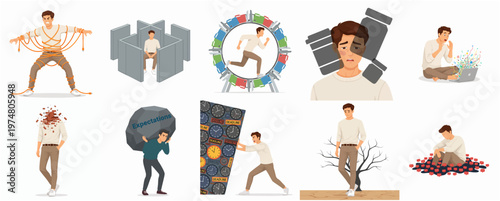 Symbolic Depiction of Man Struggles and Psychological Challenges Illustration and Graphic Assets