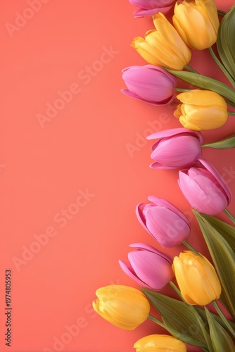 Vibrant Spring Tulips Pink and Yellow With Water Droplets on Coral Background Simple Flat Lay Arrangement Fresh Floral Elements
