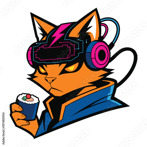 Cyber Cat Sushi Neon Mascot T Shirt Design