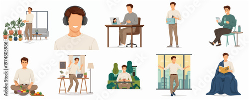 Flat Style Diverse Activities of Man Doing Leisure Hobby Lifestyle Illustration