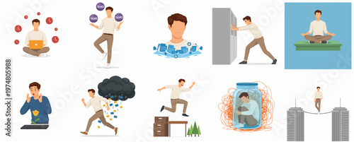 Flat Style Diverse Man Character Doing Different Activities and Emotional Expressions Set