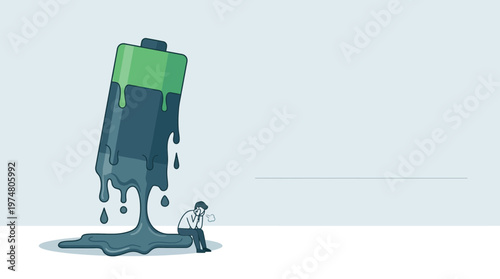 Emotional Scene of a Person Sitting Beside a Dripping Battery Symbolizing Exhaustion and Depletion of Energy in a Minimalist Setting
