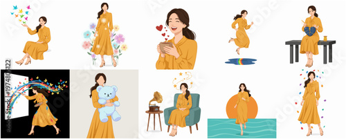 Flat Illustration Set of Various Poses of Woman in Yellow Dress