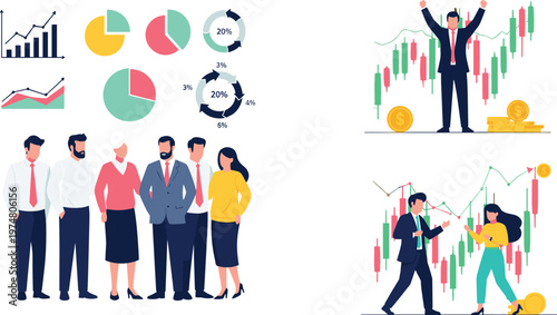 Business analytics team collaboration with financial charts growth statistics stock market trading success strategy planning and corporate data visualization illustration set