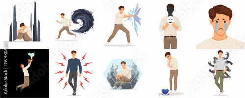 Diverse Flat Style Man Experiencing Different Emotions and Mental Health Issues Illustration