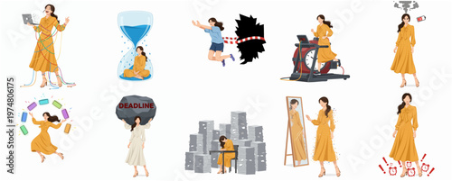 Diverse Lineart Woman in Different Situations and Poses Concept Illustration