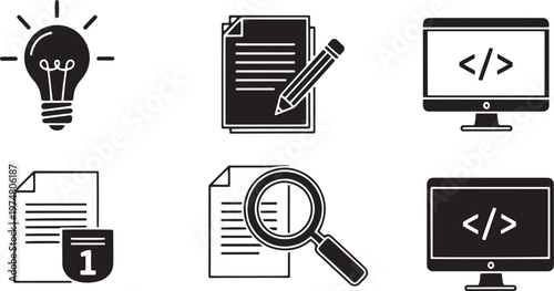 A black and white graphic illustration featuring icons related to software development and documentation.