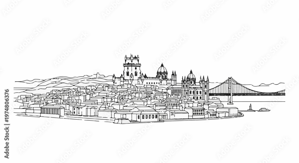 Fototapeta premium Sketch of a historic cityscape with a bridge and distant hills under a clear sky