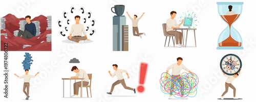 Flat Style Various Illustration of Businessman Facing Different Work Challenges and Solutions