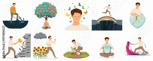 Flat Design Illustration of Mental Health and Self Improvement Concept Set