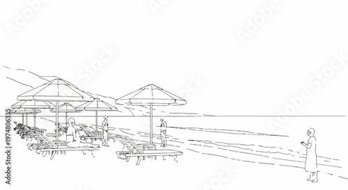 Sketch of a beach scene with lounge chairs, umbrellas, and people relaxing