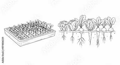 Seedlings in tray and mature root vegetables with roots in soil