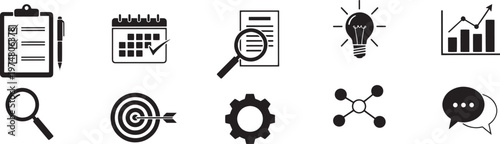 Several icons are arranged in a grid on a white background. The icons represent various business and analytical concepts.