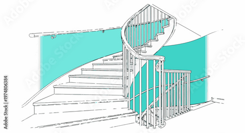 Sketch of a sweeping spiral staircase with a vibrant turquoise accent wall