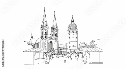 Sketch of European town square with church, tower, market stalls, and people