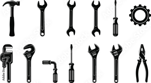 Black Silhouette Set of Professional Hand Tools Including Wrenches, Hammer, Screwdrivers, Pliers, and Gear for Industrial Maintenance and Workshop Repair