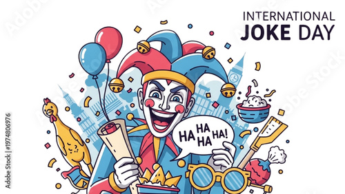 International Joke Day Fun Illustration – Jester Laughing with Prank Props, Balloons, Confetti, Comedy Festival Design
