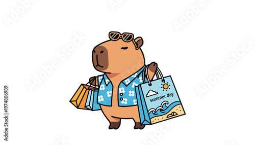 Stylish Capybara Tourist Carrying Shopping Bags on a Bright Summer Day