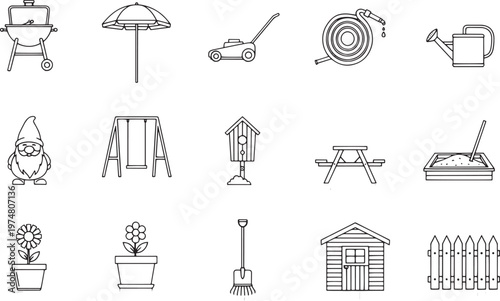 A collection of black and white line art icons depicting various gardening and outdoor activities.